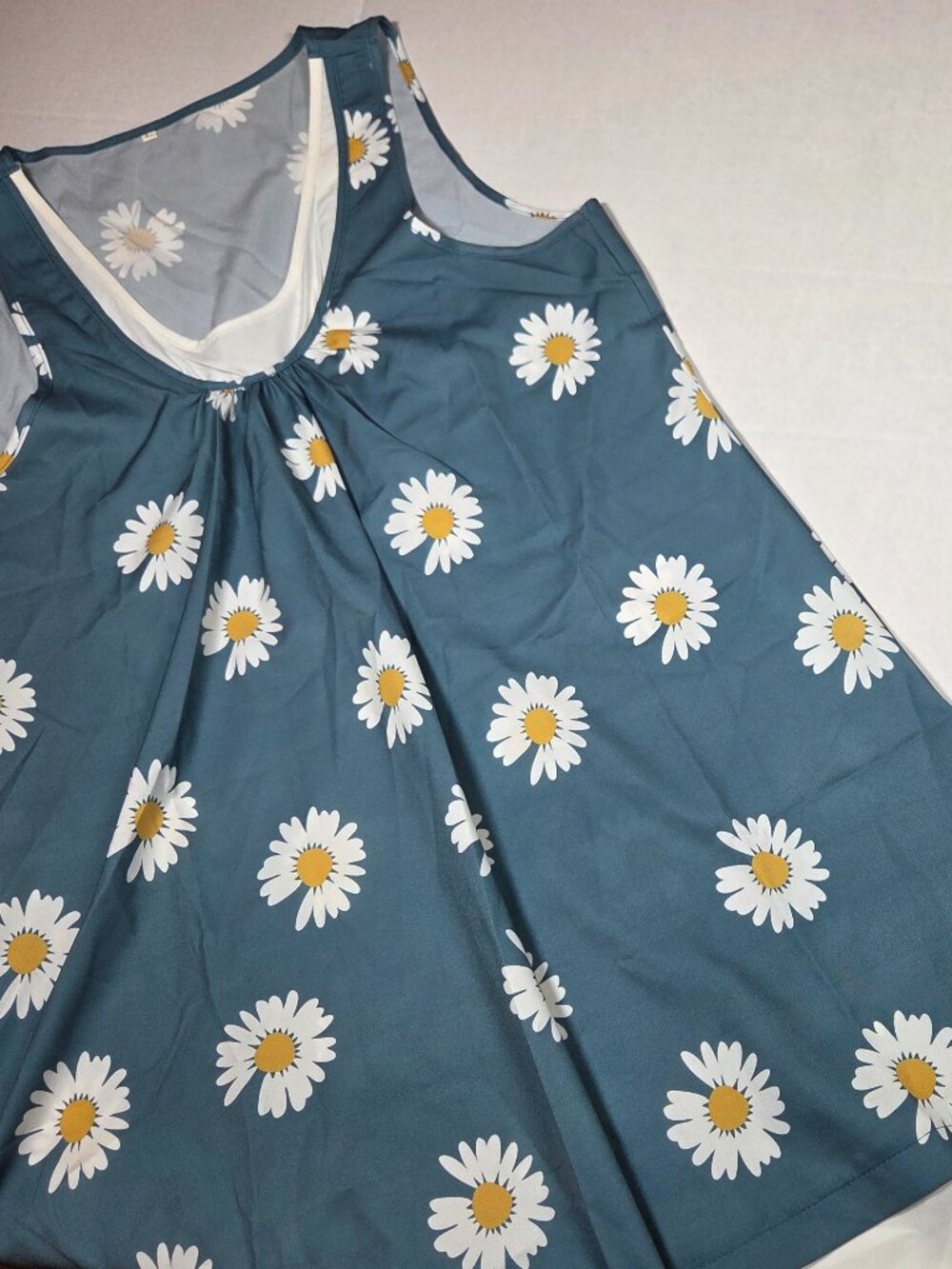 Women’s Large Blue White Yellow Daisy Floral Scoop Neck Sleeveless Sundress